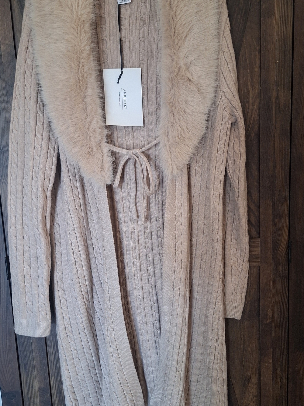 Amalfi Cable-Knit Cardigan with Faux-Fur Collar in Beige